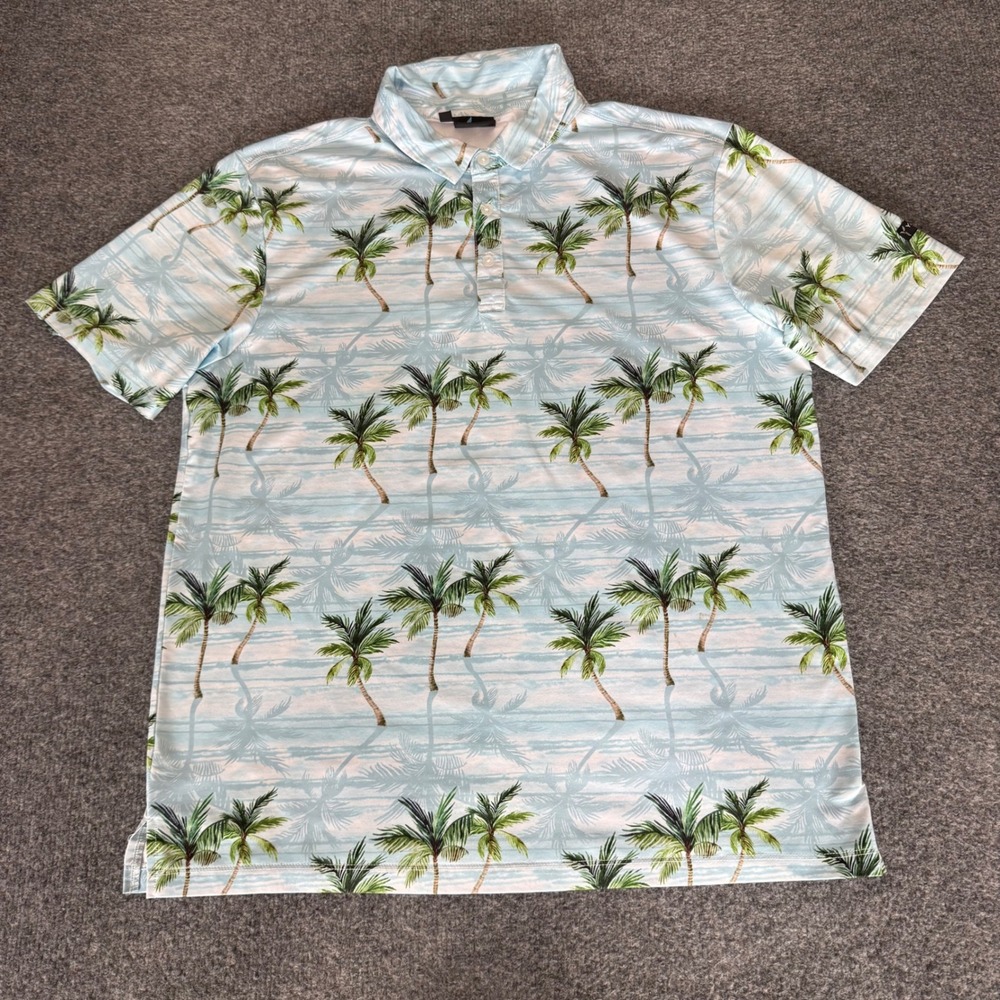 Yatta Golf Men Large Blue Tropical Palm Tree Performance Polo Shirt Short Sleeve